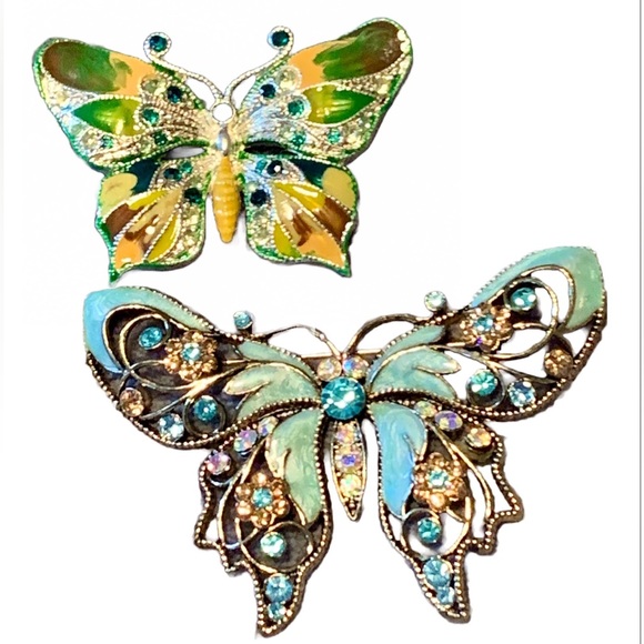 Vintage lot of 2 Butterfly pins brooch Avon light blue green yellow sparkle - Picture 4 of 16